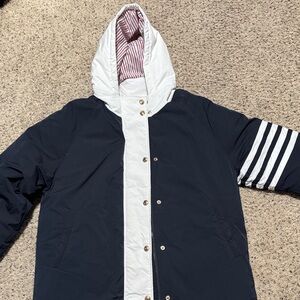 Thom Browne unisex Navy and White long Hooded Goose Down Puffer Coat size 1